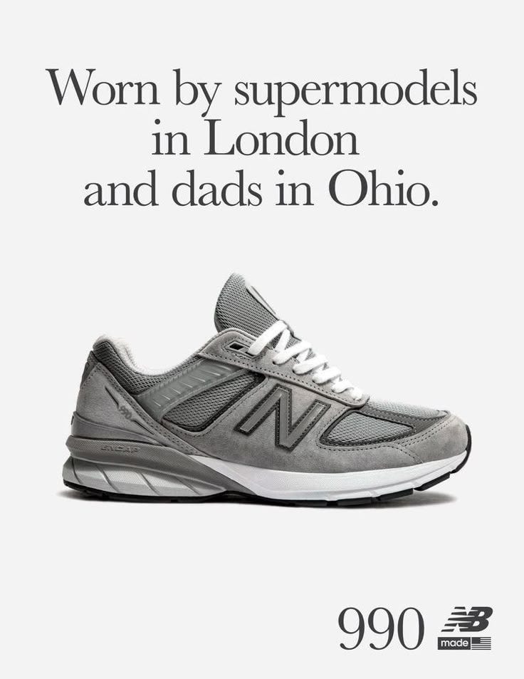 This may contain: an advertisement for new balance shoes with the words worn by supermodels in london and dads in ohio
