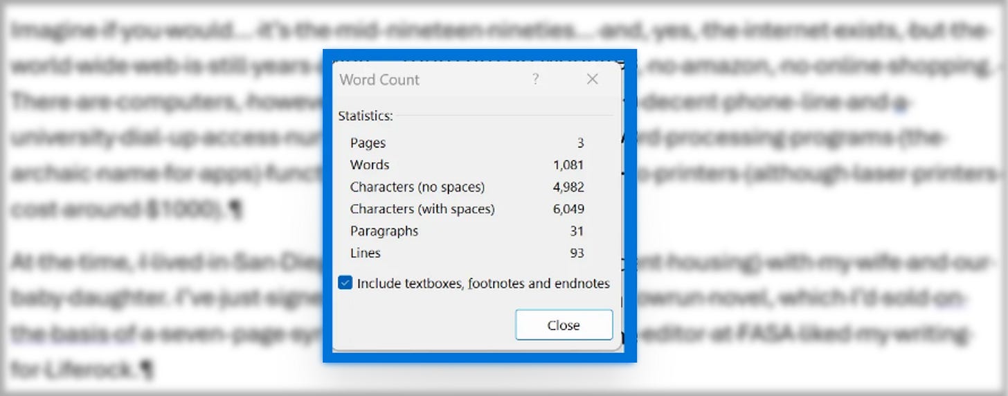Screen capture showing word count window.