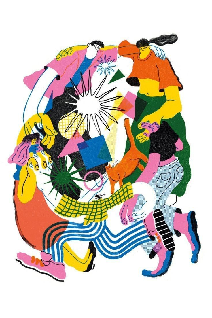 A group of friends dance in a circle holding each other’s arms. Shapes and star sines and a cat sit at the center. A group of friends dance in a circle holding each other’s arms. Shapes and star sines and a cat sit at the center.