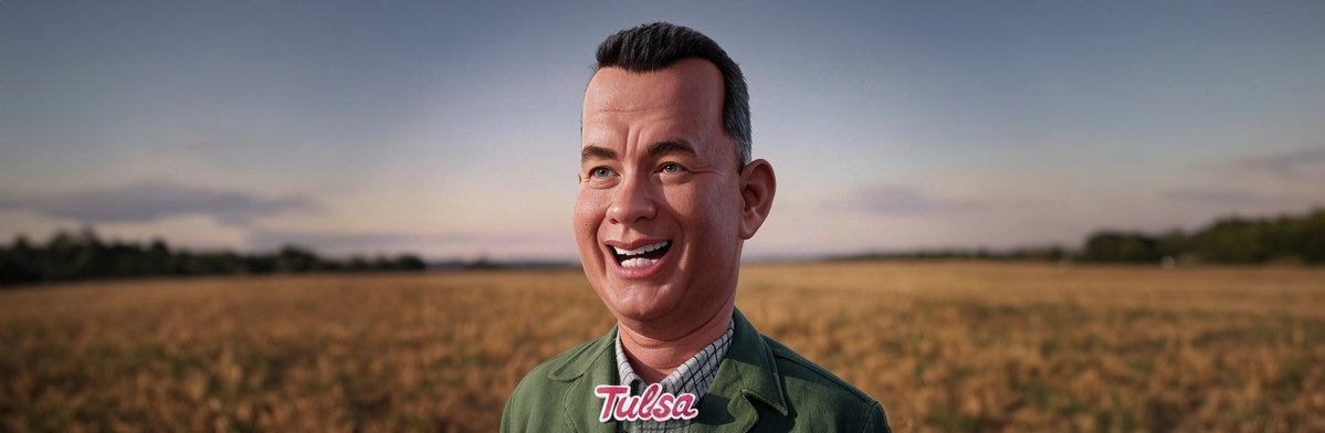 Hanks cartoon as Forest Gump with the words TULSA