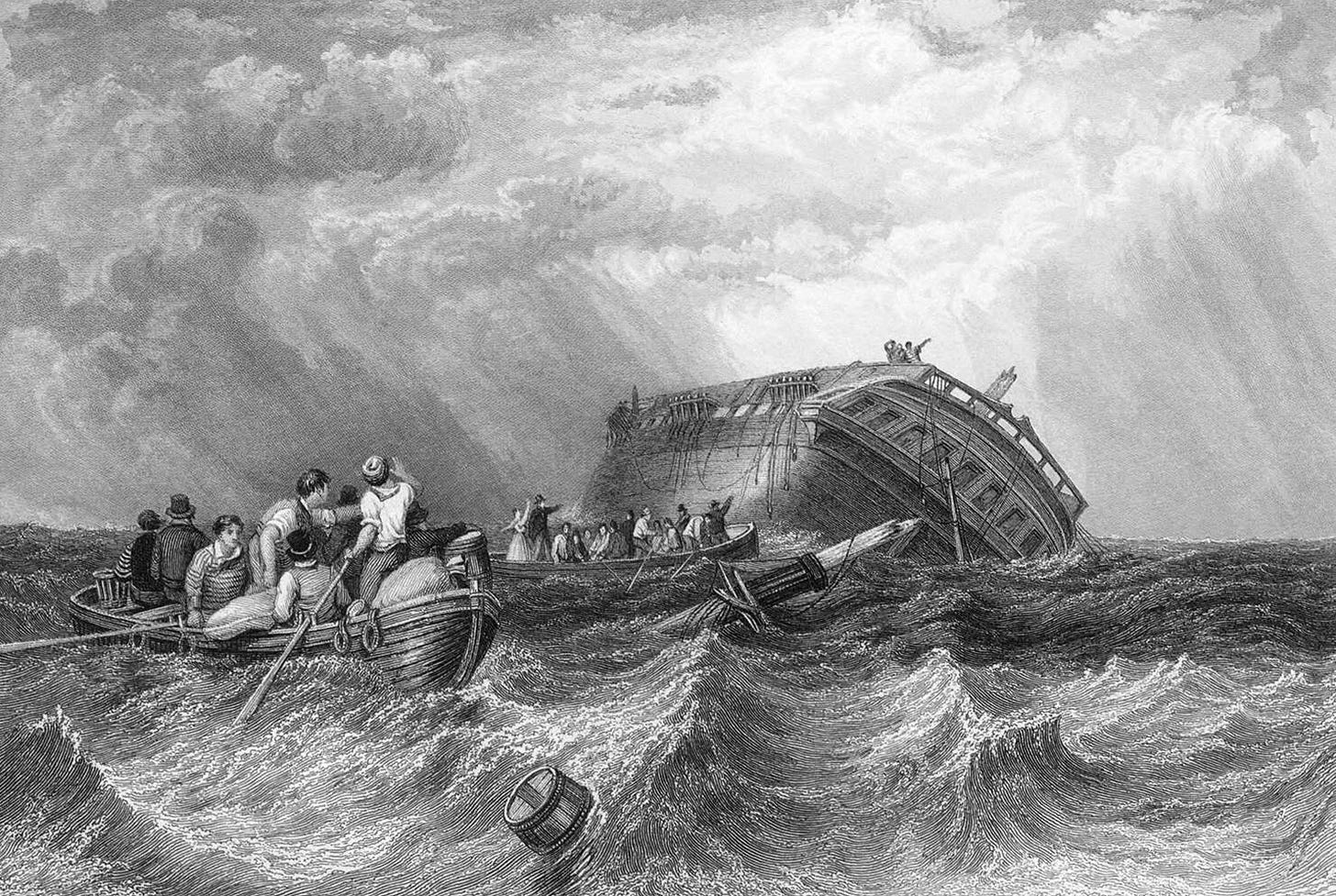 A ship tilted on its starboard side is seen slowly sinking into a choppy sea. Most of the crew and passengers have taken refuge in two lifeboats, rowing away from the wreck amidst floating debris, unable to rescue the few who remain trapped on board. A ship tilted on its starboard side is seen slowly sinking into a choppy sea. Most of the crew and passengers have taken refuge in two lifeboats, rowing away from the wreck amidst floating debris, unable to rescue the few who remain trapped on board.