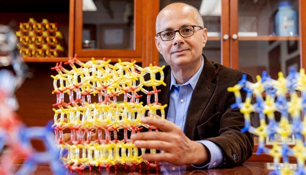 Omar Yaghi with molecular models of some of his porous structures, called metal-organic frameworks, or MOFs. Omar Yaghi with molecular models of some of his porous structures, called metal-organic frameworks, or MOFs.