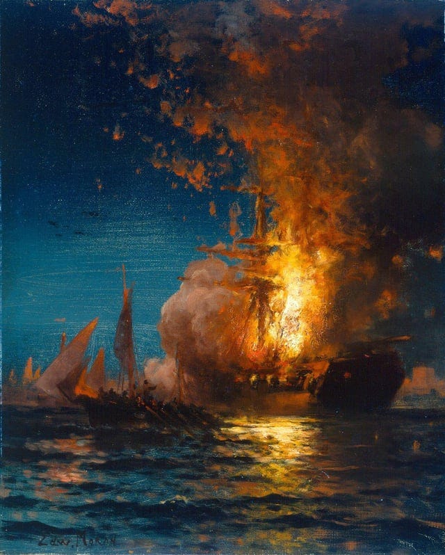 r/Art - a ship on fire in the water