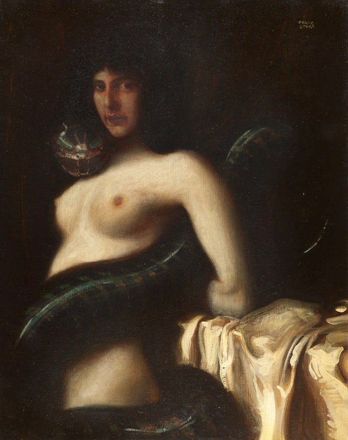 Franz von Stuck's Sensuality, a woman entwined with a serpent, the sexual energy this essay teaches you to keep for yourself