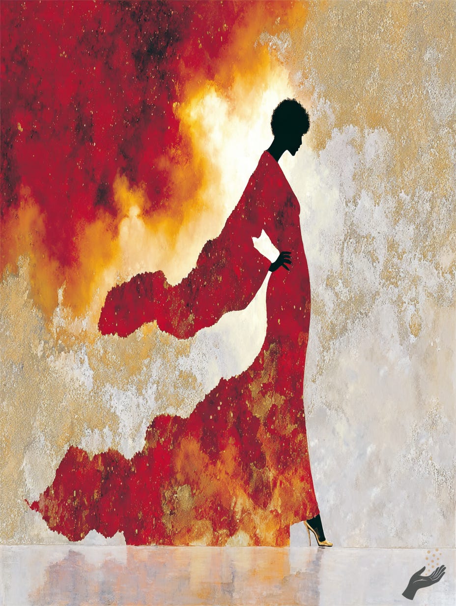 A stylized figure in a long red dress stands against a textured white background, with red, orange, and yellow brushstrokes rising like flame behind and above them. A stylized figure in a long red dress stands against a textured white background, with red, orange, and yellow brushstrokes rising like flame behind and above them.