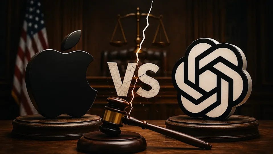Newsletter artwork for “Apple Sues OpenAI, AI Gets a Report Card, Anthropic's Win Streak | Weekly Digest”