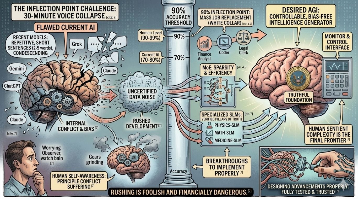 A conceptual illustration contrasting flawed current AI with desired AGI. On the left, a fragmented, smoking brain represents current AI suffering from internal bias, rushed development, and uncertified data noise, leading to model collapse during long voice interactions. A worried human observer watches. A central pillar highlights the 90% accuracy inflection point required to replace white-collar jobs. On the right, a healthy, intact brain represents a stable, controllable AGI built on a truthful foundation, utilizing MoE efficiency and specialized SLMs, with a built-in monitor and control interface.
