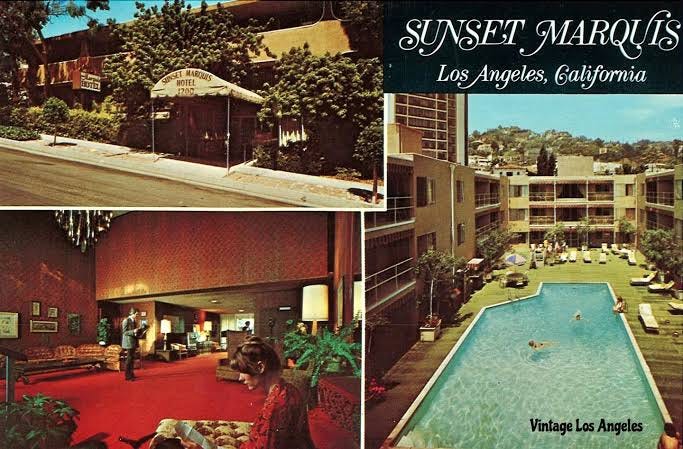A rare postcard of the Sunset Marquis hotel back in the early 1970s. It had  previously been an apartment building and converted to a hotel around this  time. #SwankyLobby Vintage Los Angeles