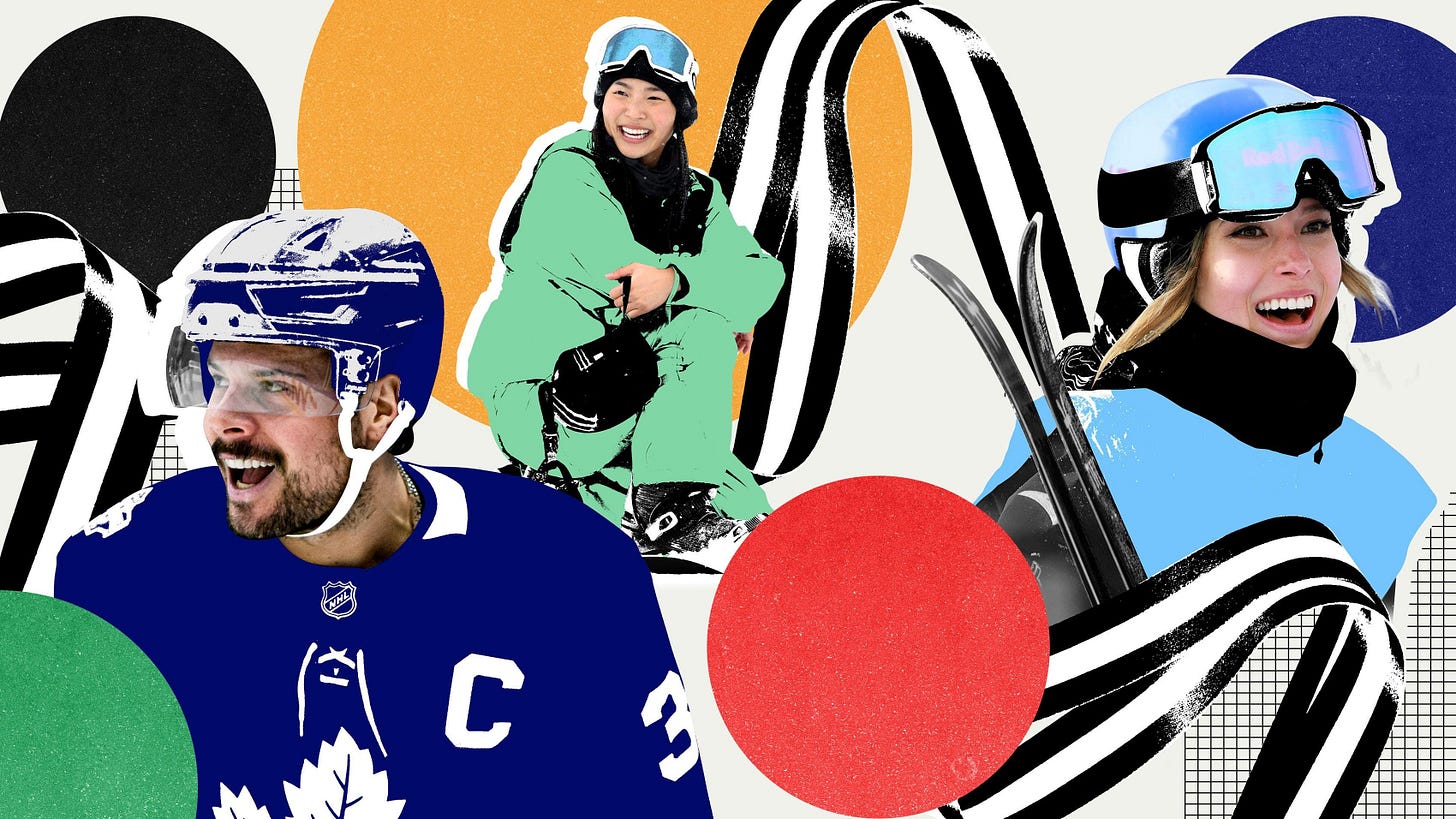 An illustration of Olympians Auston Matthews, Chloe Kim and Eileen Gu. An illustration of Olympians Auston Matthews, Chloe Kim and Eileen Gu.