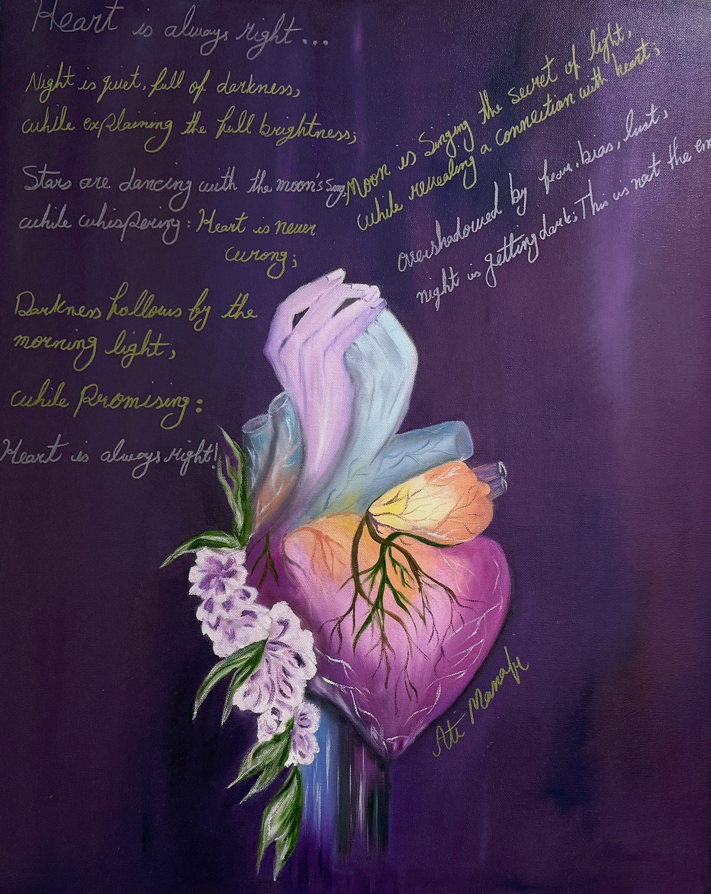 Painting of cardiac anatomy, flowers, with a poem written on the background Painting of cardiac anatomy, flowers, with a poem written on the background