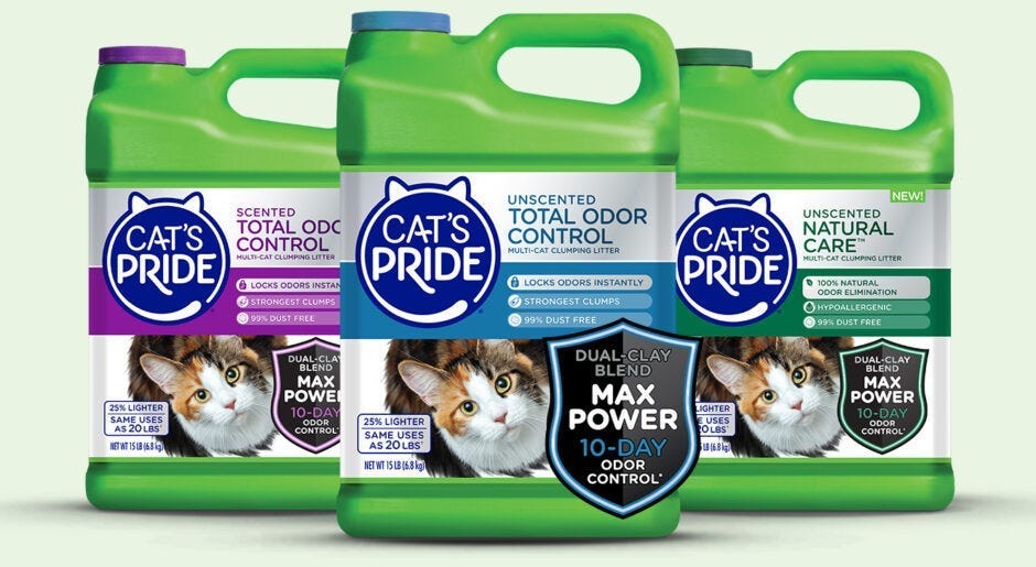 Three Cat’s Pride cat litter jugs (Scented Total Odor Control, Unscented Total Odor Control, and Unscented Natural Care) with Dual-Clay Blend Max Power 10-Day Odor Control — featured in an Oil-Dri Corporation of America (ODC) deep dive article on the cat litter market and specialty clay products.
