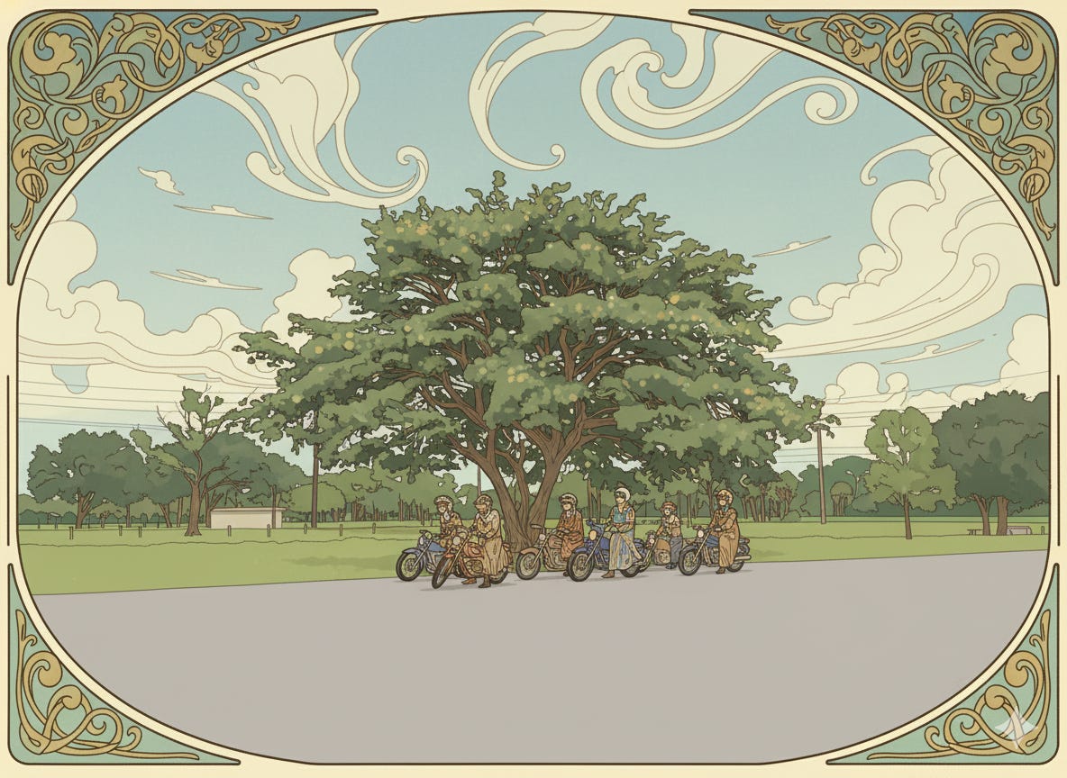 Six motorcycles in training in art nouveau style.