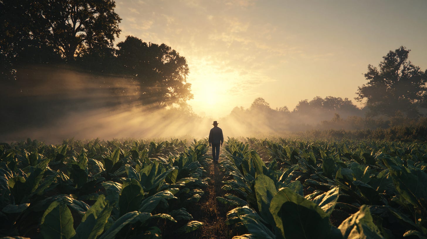 Sunrise over organic tobacco fields highlighting sustainable cigar farming.