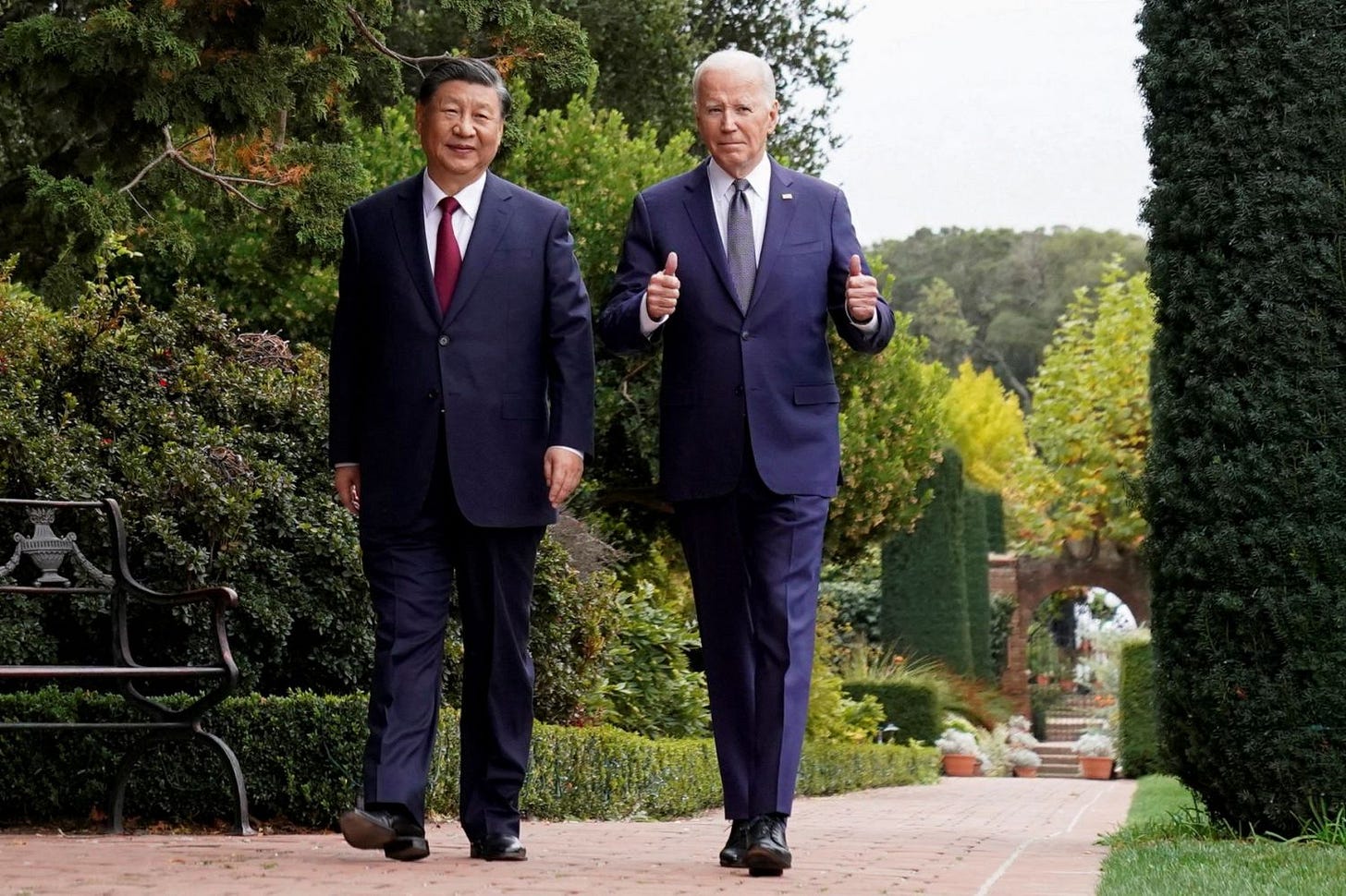 U.S. President Joe Biden gives thumbs-up as he walks with Chinese President Xi Jinping at Filoli estate on the sidelines of the Asia-Pacific Economic Cooperation (APEC) summit, in Woodside, California, U.S., November 15, 2023 U.S. President Joe Biden gives thumbs-up as he walks with Chinese President Xi Jinping at Filoli estate on the sidelines of the Asia-Pacific Economic Cooperation (APEC) summit, in Woodside, California, U.S., November 15, 2023