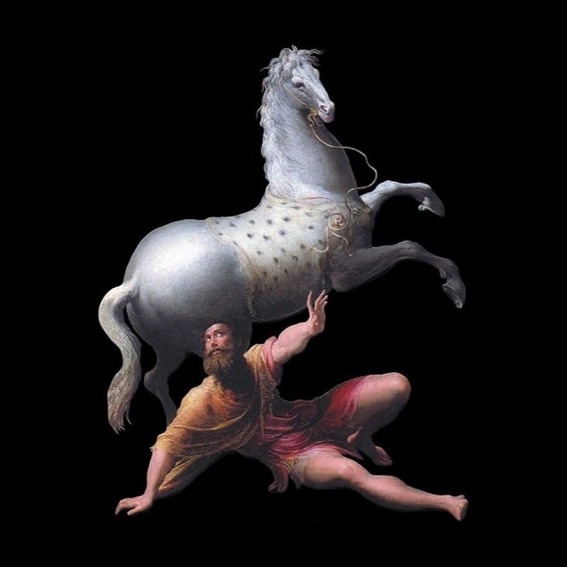 Isolated drawing from the front cover of Rene Girard's book, "I See Satan Fall Like Lightning," showing a man who has fallen off his horse and is looking uneasily up to the sky. The startled horse is behind him, standing on its hind legs. Isolated drawing from the front cover of Rene Girard's book, "I See Satan Fall Like Lightning," showing a man who has fallen off his horse and is looking uneasily up to the sky. The startled horse is behind him, standing on its hind legs.