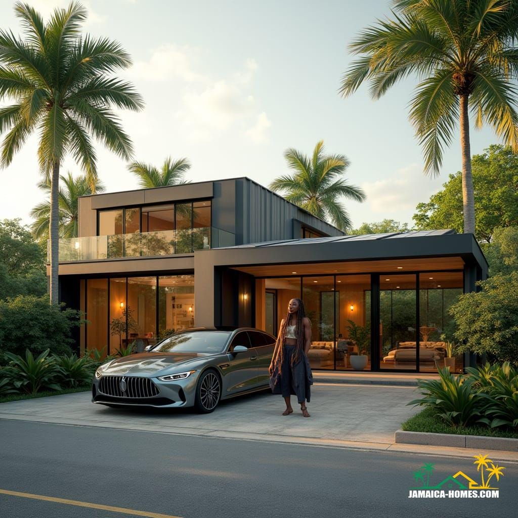 A modern, single-story container home in Kingston, Jamaica, with bold, geometric shapes and eco-friendly design elements, such as sleek solar panels on the roof, set amidst a lush neighborhood of contemporary homes and vibrant tropical trees. A luxury sedan, sleek and polished, is parked by the driveway, its reflections glinting off the home's metallic surfaces. A stunning Jamaican woman with long, flowing dreadlocks and warm, golden-brown skin stands near the entrance, dressed in stylish, earth-toned attire, exuding a sense of relaxed sophistication. Inspired by the urban chic aesthetic of architects such as Tom Kundig and Kengo Kuma, with a blend of modern digital art styles reminiscent of artists like Syd Mead and Ash Thorp. Cinematic lighting, with a warm, golden glow, casts a dramatic ambiance, evoking the feel of a live-action film still, shot on 35mm film with a V-Raptor XL camera, complete with film grain, vignette, and meticulous color grading, resulting in a visually stunning, atmospheric masterpiece.