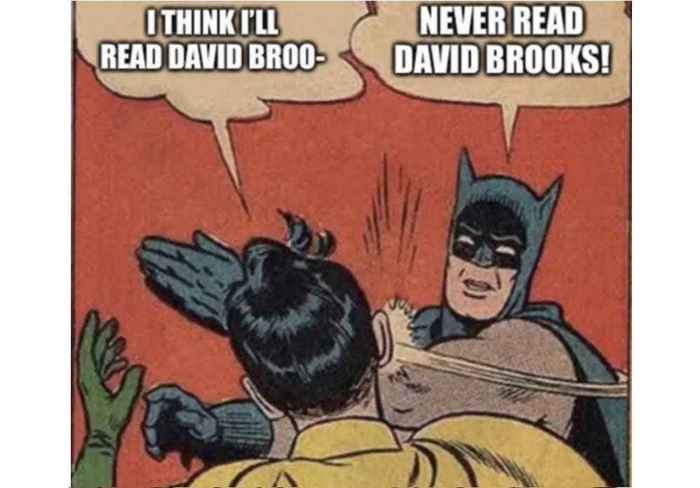 The Batman slapping Robin meme, with Robin starting to say 'I think I'll read David Broo-' as Batman slaps his face, replying, in a larger font, 'NEVER READ DAVID BROOKS!' The Batman slapping Robin meme, with Robin starting to say 'I think I'll read David Broo-' as Batman slaps his face, replying, in a larger font, 'NEVER READ DAVID BROOKS!'