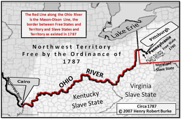 Illustration of the Ohio River as slavery border Illustration of the Ohio River as slavery border
