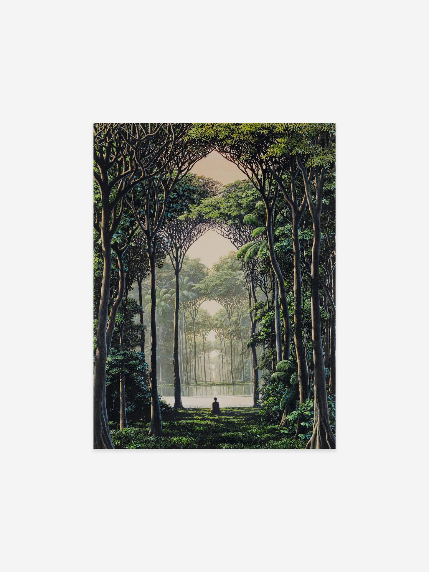 Meditating figure looking on into a luscious forest in front of a lake