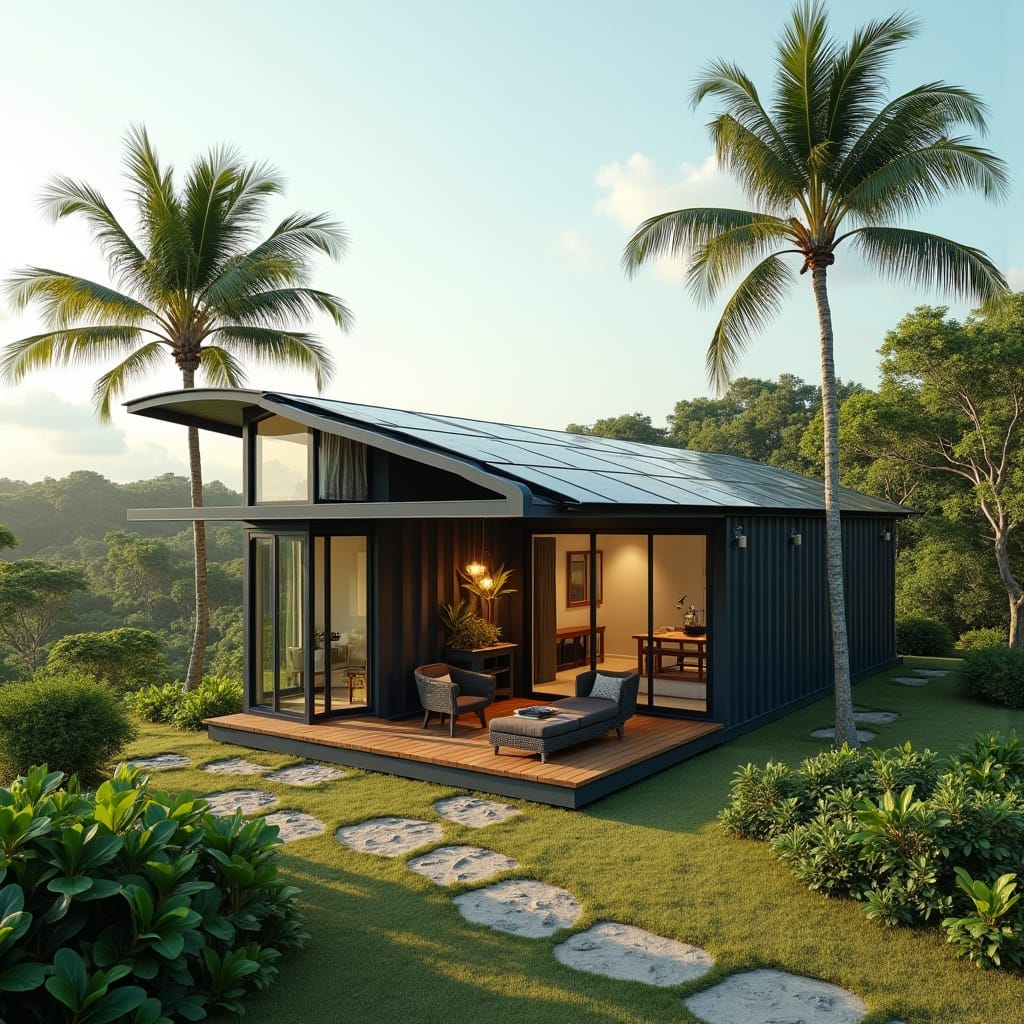 A sleek, eco-friendly container house in Jamaica, designed with modern aesthetics and sustainability in mind. The home is constructed from repurposed shipping containers, featuring large windows for natural light and ventilation. Solar panels line the roof, providing clean energy, while rainwater harvesting tanks are discreetly placed around the structure. The exterior is a blend of steel, wood accents, and glass, creating a harmonious balance between industrial chic and eco-conscious design. Minimal greenery surrounds the house, with palm trees swaying gently in the tropical breeze, set against a serene Jamaican landscape. Sustainable living, modern container design, tropical eco-home.