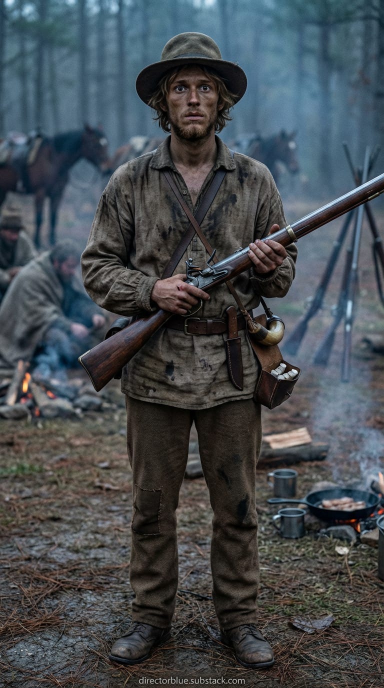 9x16 vertical portrait composition photorealistic cinematic shot on ARRI Alexa 65 period-accurate 1814 pre-dawn blue-gray light with a faint band of cold dawn on the horizon foreground close-up on Eli Tanner a 19-year-old private in the Tenn_image_1