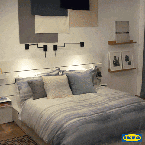 Video gif. A man leaps into bed facedown. At the instant of impact, the scene changes: the lights are now off, and the man is now under the covers and wearing a sleep mask. Video gif. A man leaps into bed facedown. At the instant of impact, the scene changes: the lights are now off, and the man is now under the covers and wearing a sleep mask.