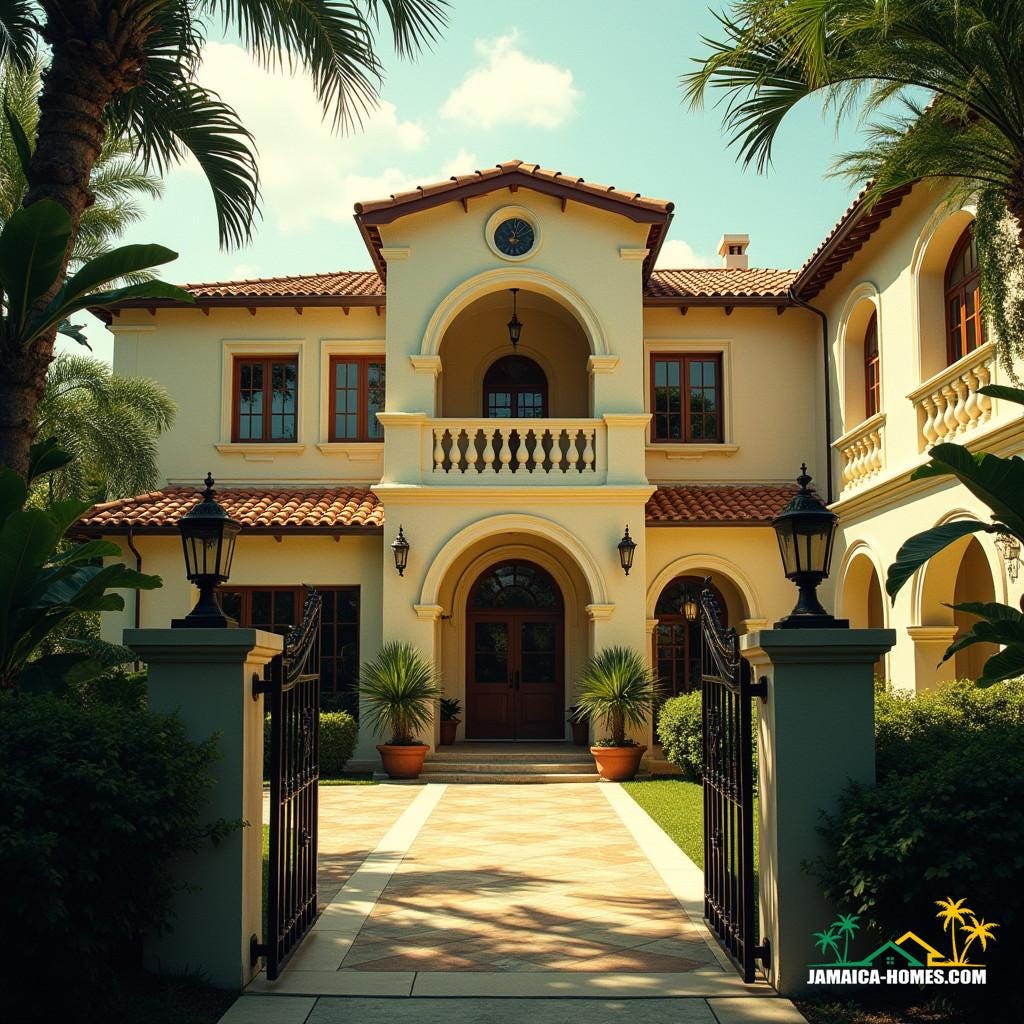 A majestic Mediterranean Revival architecture home, with creamy stucco walls, terracotta roof tiles, and ornate ironwork, set amidst lush tropical foliage in Jamaica, Caribbean, bathed in warm, golden light.