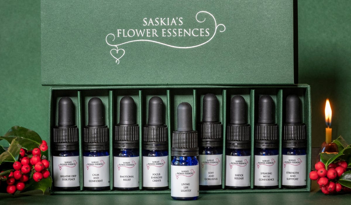 A selection of Saskia's Flower Essences in a green presentation gift box, with red berries and holly to either side