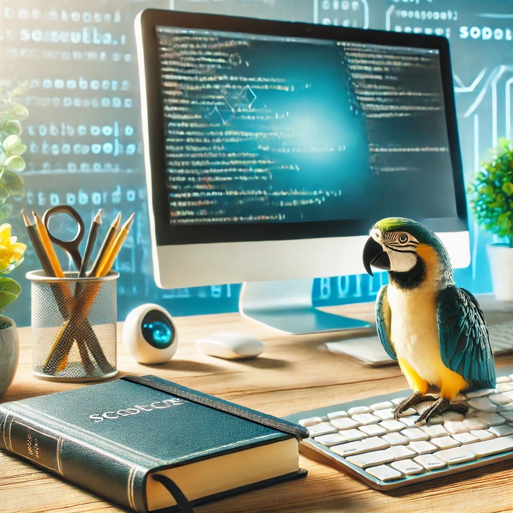 A neat desk setup with a keyboard, a programming book, and a parrot perched on the monitor, symbolizing good software development habits. The background is bright and tech-oriented.