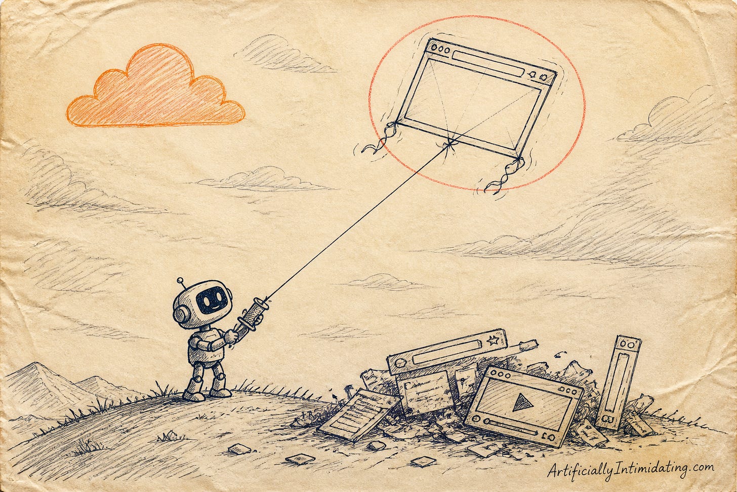 Editorial cartoon: a small robot flies a browser window stripped down to a bare wireframe like a kite, while the tabs, toolbars, scrollbars and banner ads it shed lie in a junk pile on the ground beneath an orange cloud.