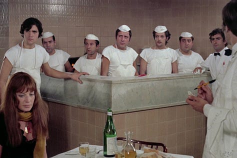 A heart-shaped pizza, as well as scenes in the pizzeria, in A Drama of Jealousy (and Other Things) OR A Pizza Triangle (1970) Italian Film | Film Flavor: A Newsletter Surveying Food in Film