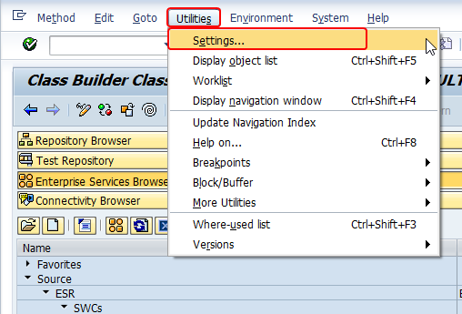 Debug settings in SAP. Change the settings via Utilities menu of SAP SPROXY