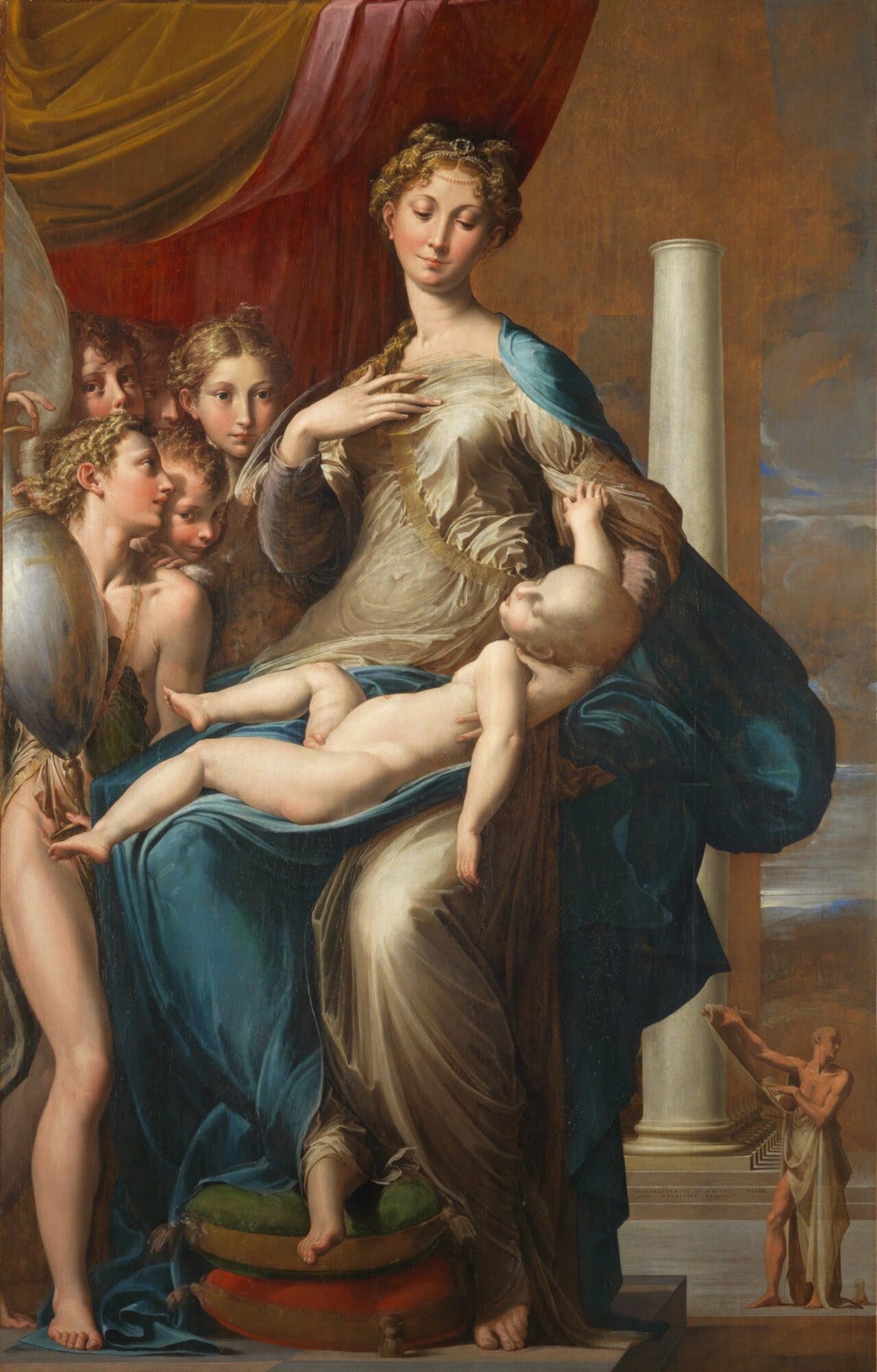 Parmigianino's Madonna with the Long Neck, an elongated Virgin holding a large sleeping child beside crowded angels Parmigianino's Madonna with the Long Neck, an elongated Virgin holding a large sleeping child beside crowded angels