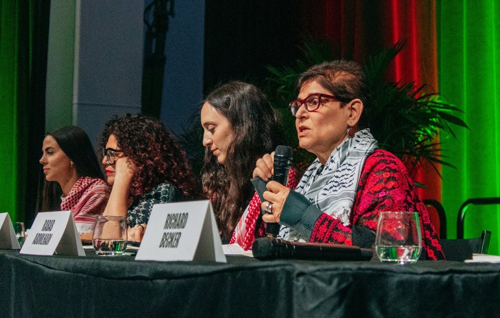 Rabab Abdulhadi (right) speaks at the “People’s Conference for Palestine” in Detroit on May 25, 2024. Rabab Abdulhadi (right) speaks at the “People’s Conference for Palestine” in Detroit on May 25, 2024.