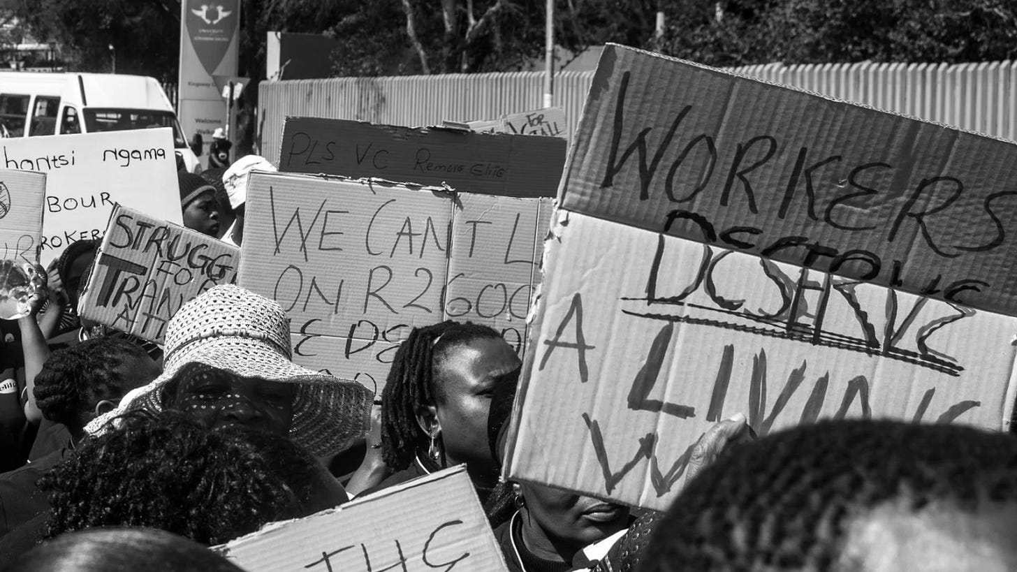 University of Johannesburg cleaners and other organizations supporting the Persistent Solidarity Forum march in demand of a fair living wage for the workers
