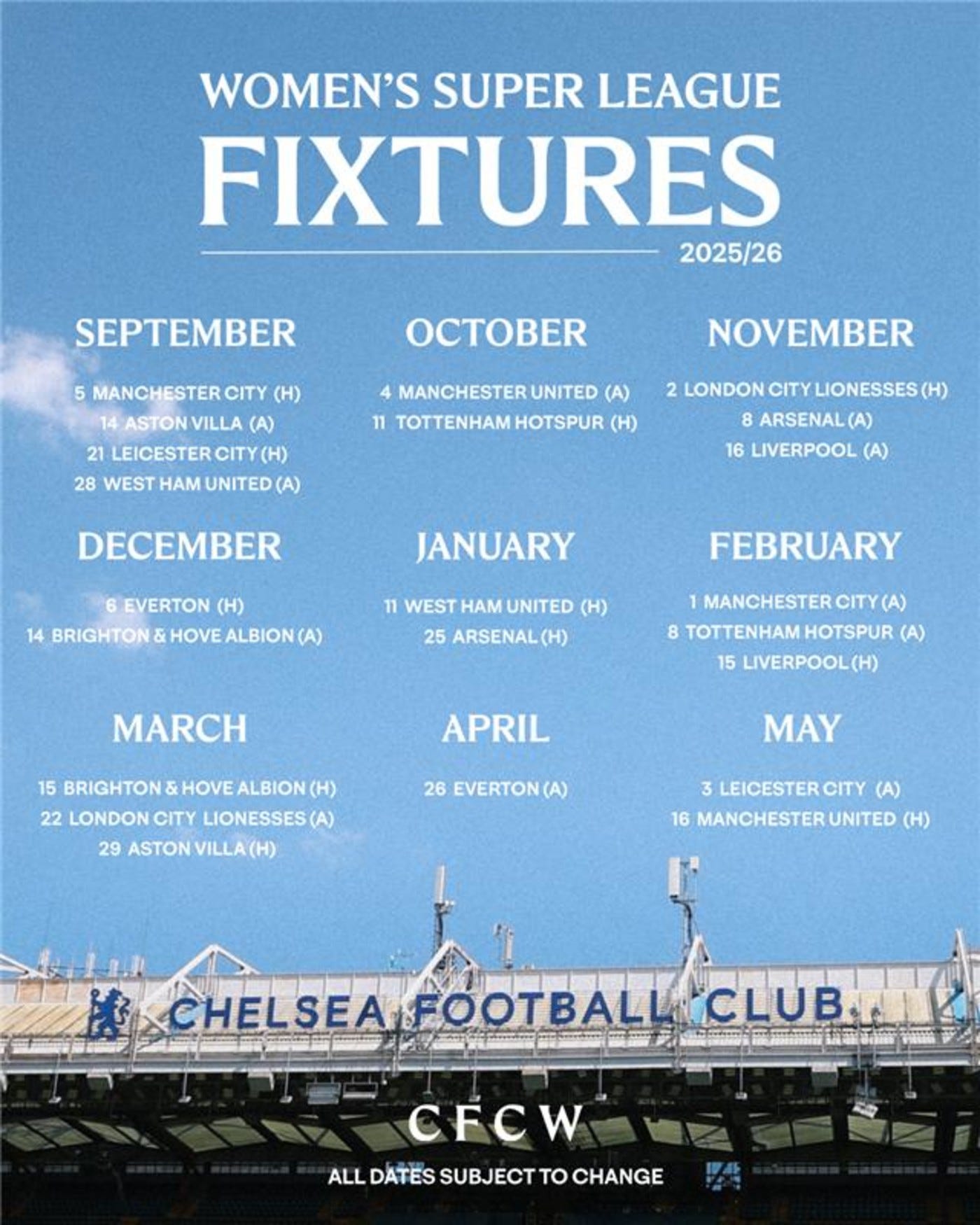 Chelsea's 2025/26 Women's Super League fixtures announced | News | Official  Site | Chelsea Football Club