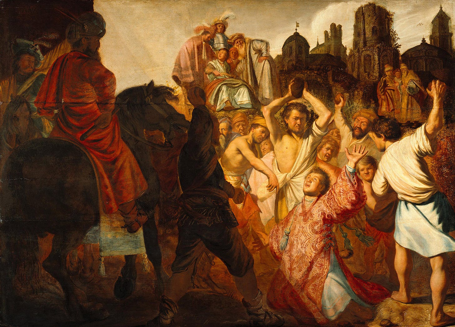 A young man in an embroidered red robe kneels with raised hands while a crowd closes in and a bare-chested man lifts a stone above his head, a rider in a red cloak watches from the left.