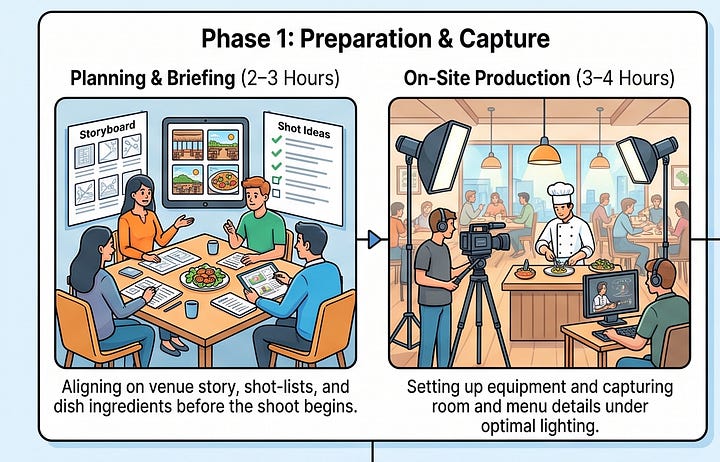 An infographic titled Content Production Roadmap Overview split into two main phases. Phase 1: Preparation & Capture shows Planning & Briefing (2–3 Hours) with a team reviewing storyboards, and On-Site Production (3–4 Hours) showing a videographer filming a chef plating a dish. Phase 2: Refinement & Growth shows Post-Production (4–5 Hours) with an editor grading video, and Campaign Management (2–3 Hours) showing an analyst tracking performance analytics and comments.
