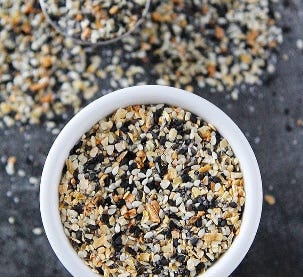 jars of spices top view, front view and Everything But the Bagel seasoning in a pot