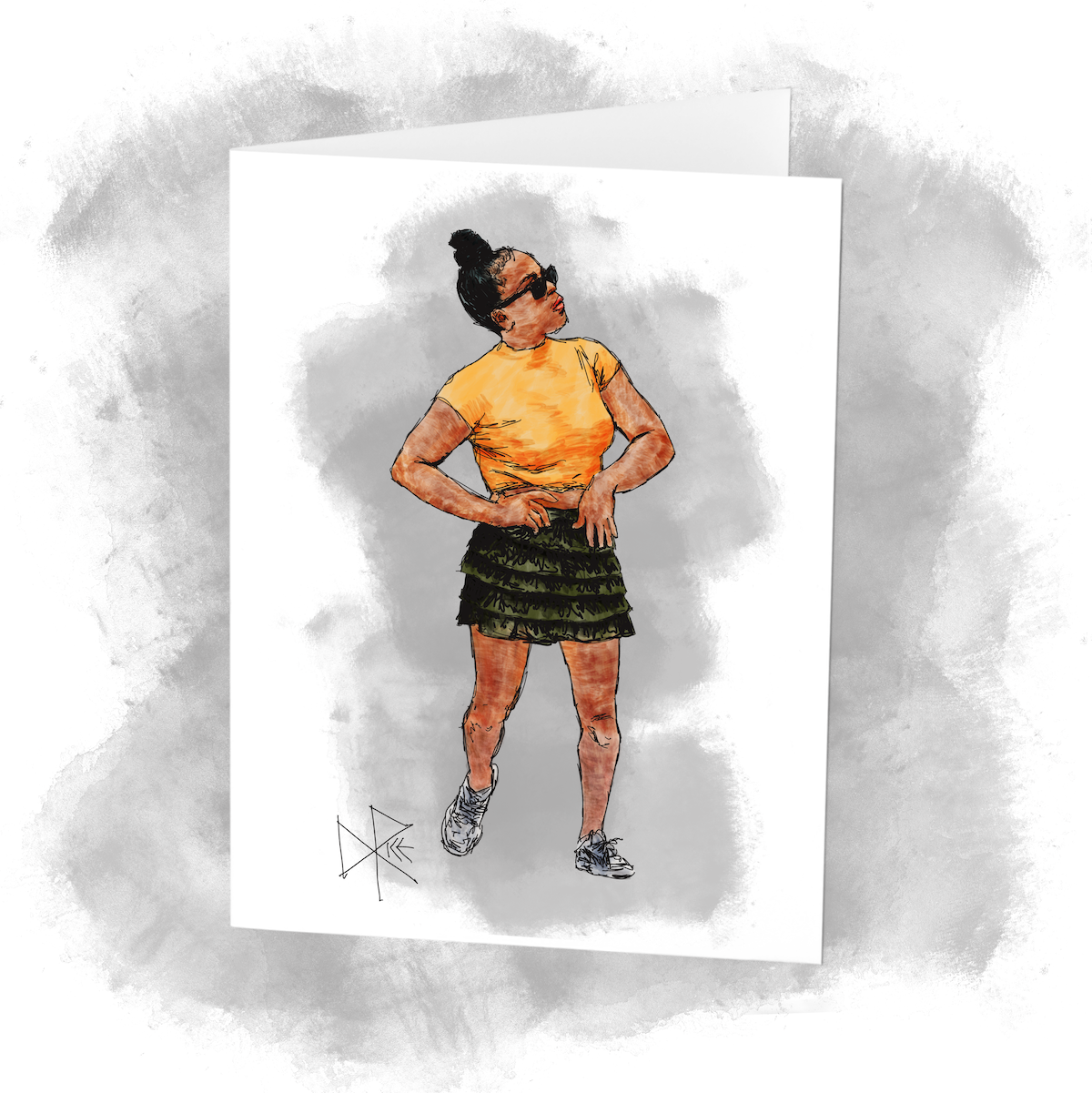 A woman dances by herself while dressed in sneakers, sunglasses, yellow shirt and a short horizontally layered skirt. Sketch art by Don Rice. A woman dances by herself while dressed in sneakers, sunglasses, yellow shirt and a short horizontally layered skirt. Sketch art by Don Rice.