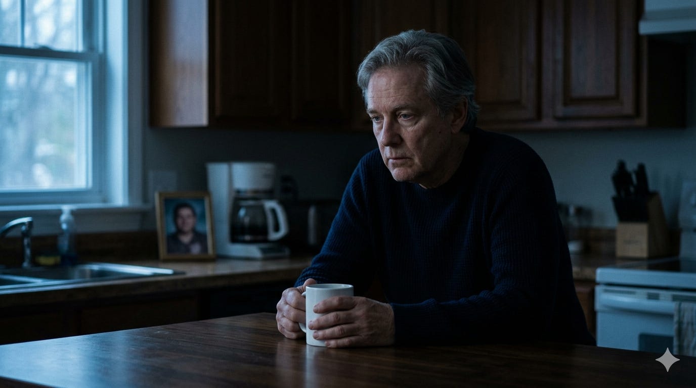 A middle-aged man sitting alone at a kitchen table in a dimly lit home, holding a white coffee mug with both hands. He appears pensive and somber. A framed photograph of a young man is visible on the kitchen counter behind him. A middle-aged man sitting alone at a kitchen table in a dimly lit home, holding a white coffee mug with both hands. He appears pensive and somber. A framed photograph of a young man is visible on the kitchen counter behind him.