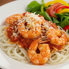 Shrimp Marinara with Rice Noodles, Parmesan Cheese, and a Salad