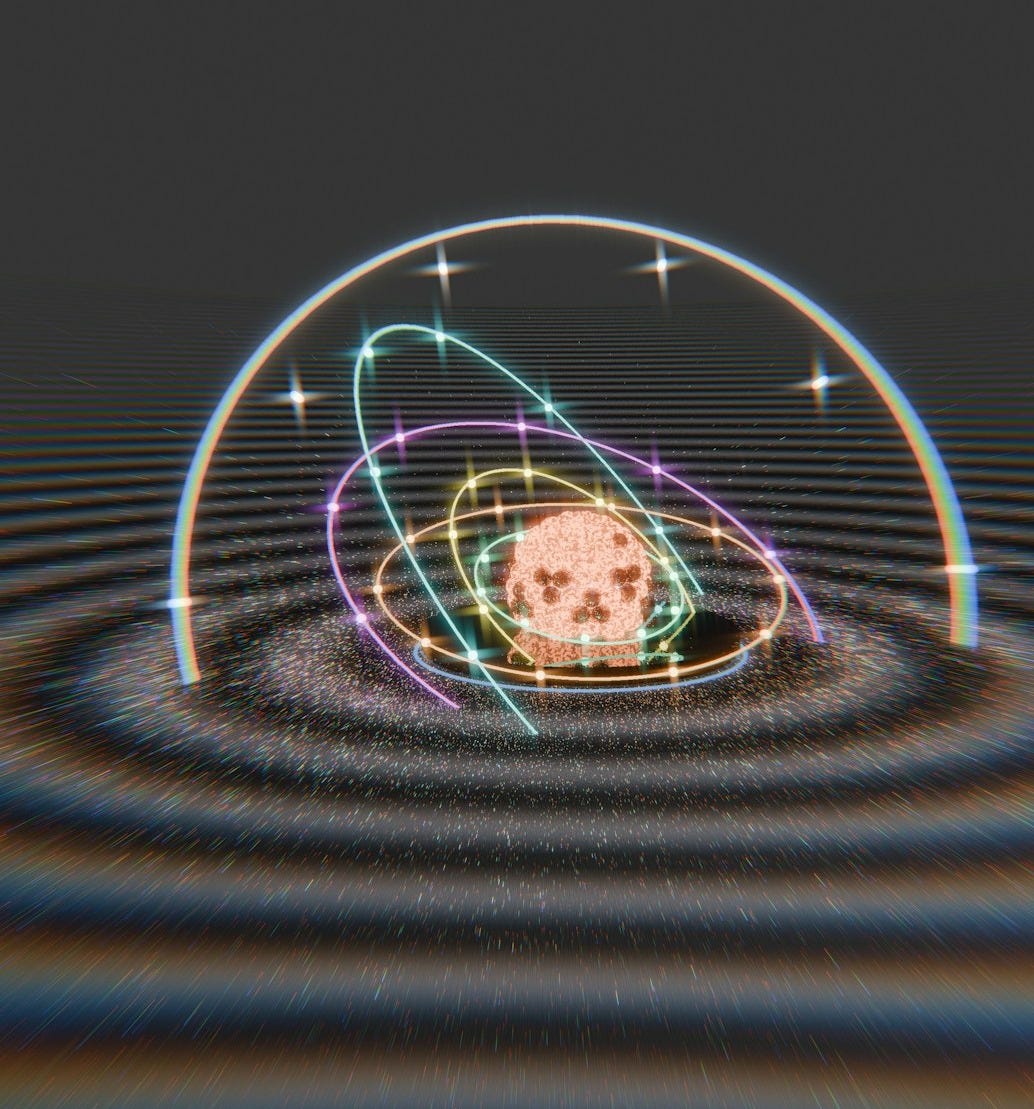 Vibrant atomic model with orbiting rings and gravitational ripples.