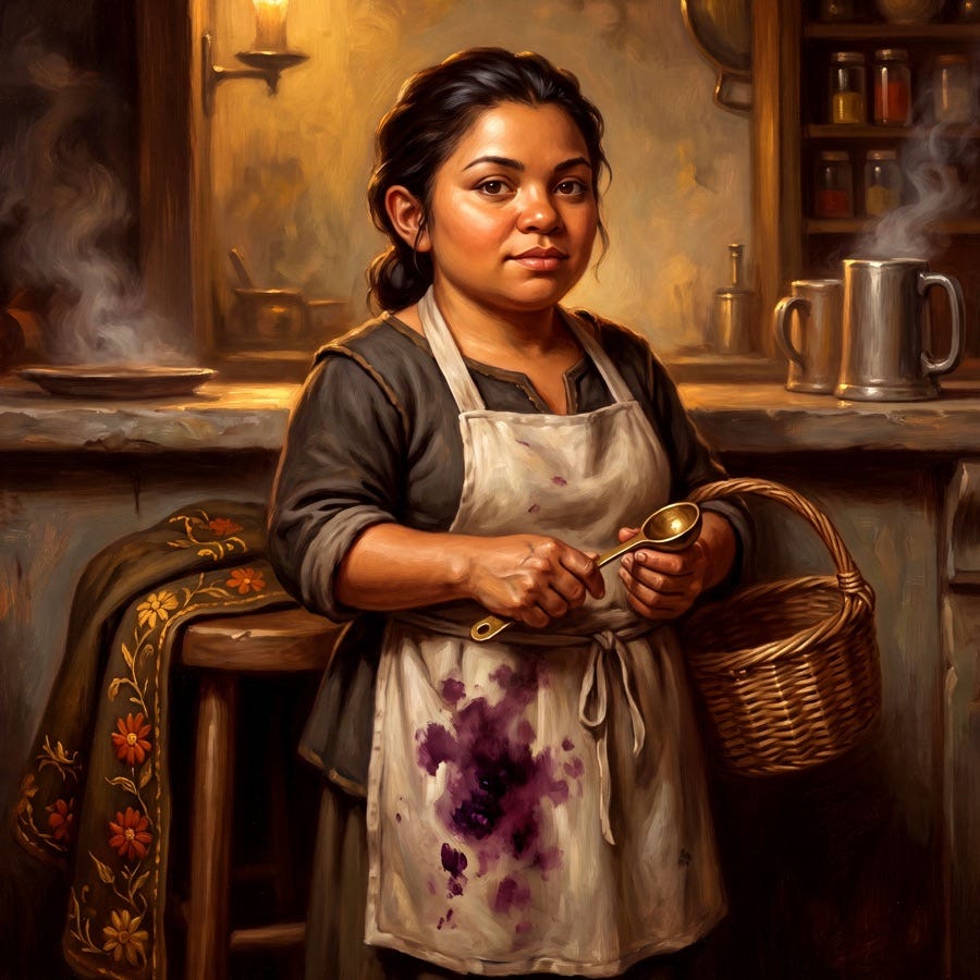 Pumpkina, a halfling in a blackberry-stained apron, holding a brass measuring spoon and a wicker basket