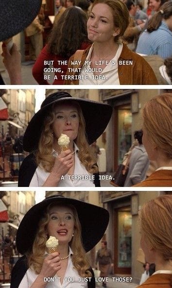 This may contain: a woman in a hat eating ice cream on the set of tv soap opera show