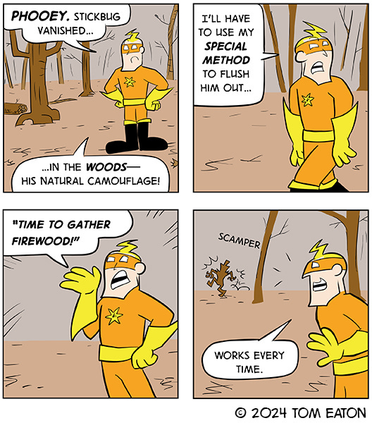 Bug Zapper walks through the woods. He is looking for Stickbug but can’t find them because they are camouflaged. Bug Zapper uses and old trick and screams, “Time to gather firewood!” Suddenly a figure that looks like branches starts running away. Bug Zapper spots them and says, “Works every time.”