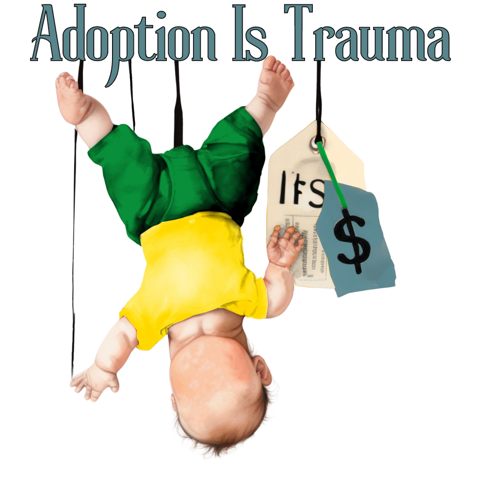 A faceless infant adoptee hangs upside down with two price tags from the words "Adoption Is Trauma"