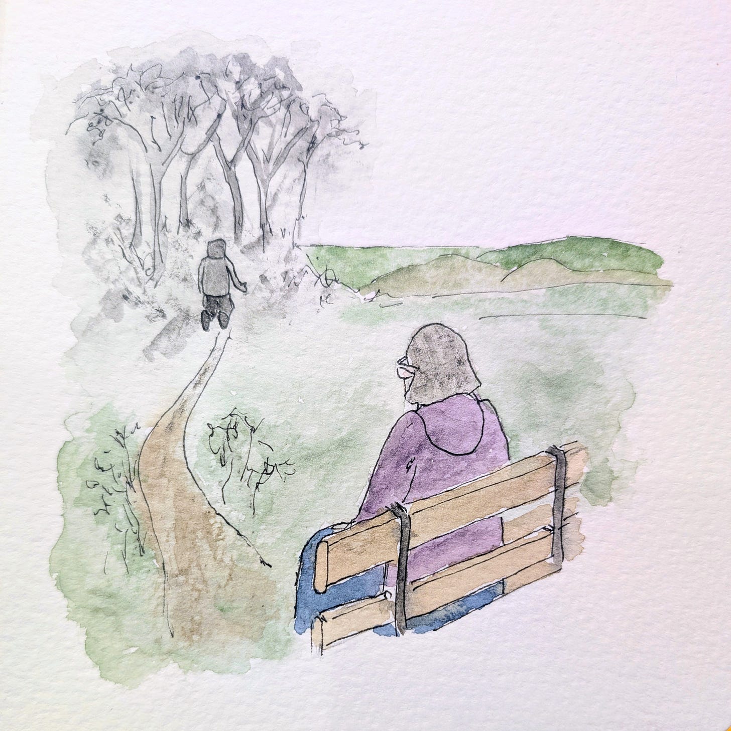 Loose ink and watercolour illustration of a woman in a purple hoodie sitting on a wooden bench, viewed from behind, looking across a grassy landscape toward a winding path. In the distance, beneath soft grey trees, a small figure kneels on the path. The foreground is painted in muted greens and soft colour, while the trees and background are mostly greyscale. Loose ink and watercolour illustration of a woman in a purple hoodie sitting on a wooden bench, viewed from behind, looking across a grassy landscape toward a winding path. In the distance, beneath soft grey trees, a small figure kneels on the path. The foreground is painted in muted greens and soft colour, while the trees and background are mostly greyscale.