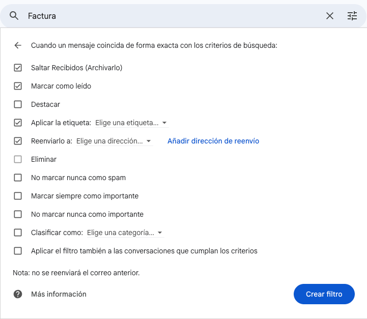 Acciones potenciales de correo en Gmail