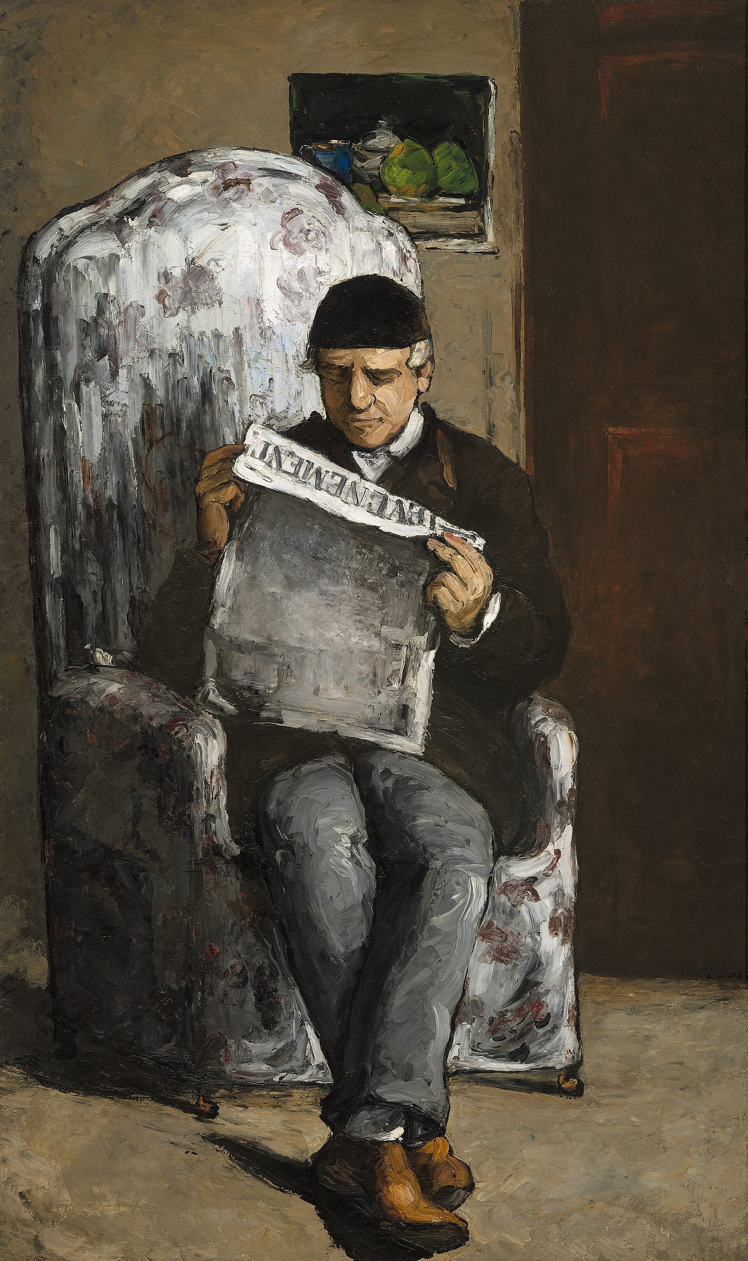 An elderly man sits in a tall armchair with a flowered white cover, holding open a large newspaper, with a small still life hanging on the dark wall behind him.